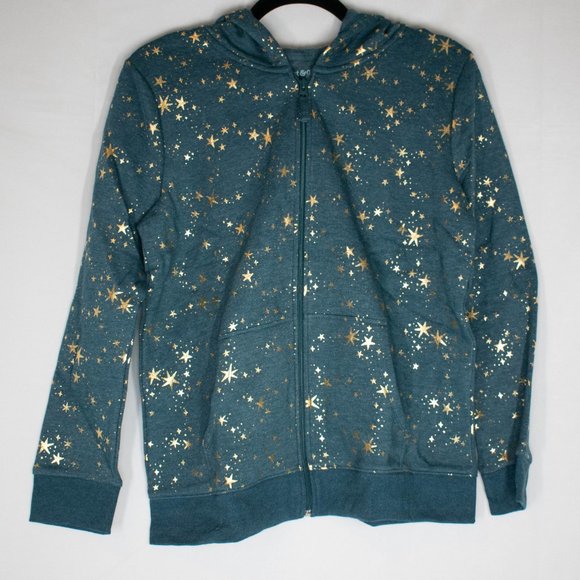 Cat & Jack Girls' Dark Green Gold Stars Zip-Up Fleece Hoodie - Picture 2 of 6